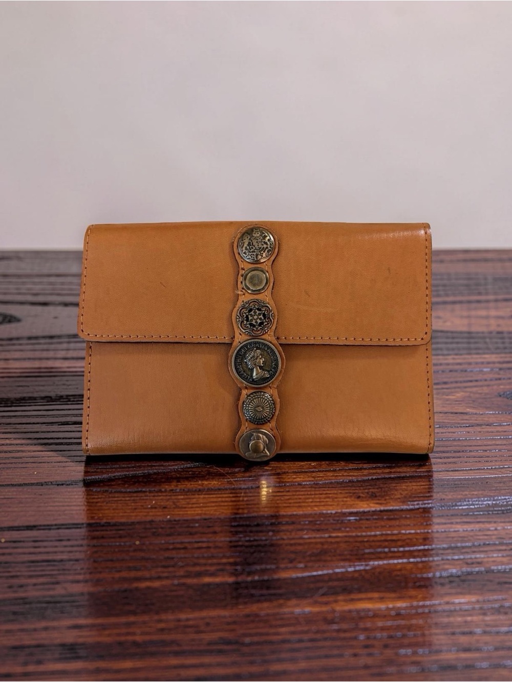 Leather Coin-Accent Wallet Clutch in Cognac